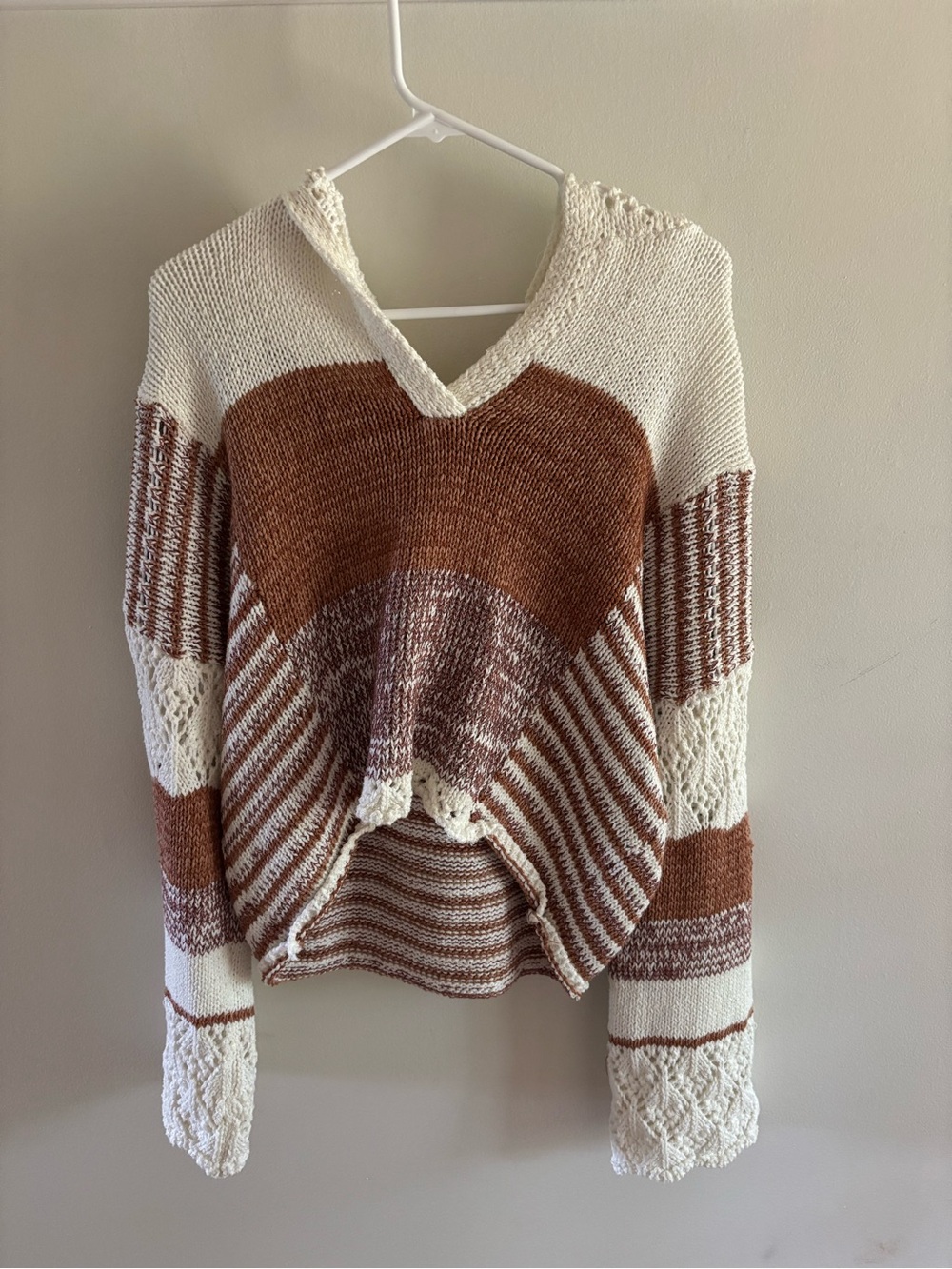 BKE Cream and Brown Striped V-Neck Knit Sweater